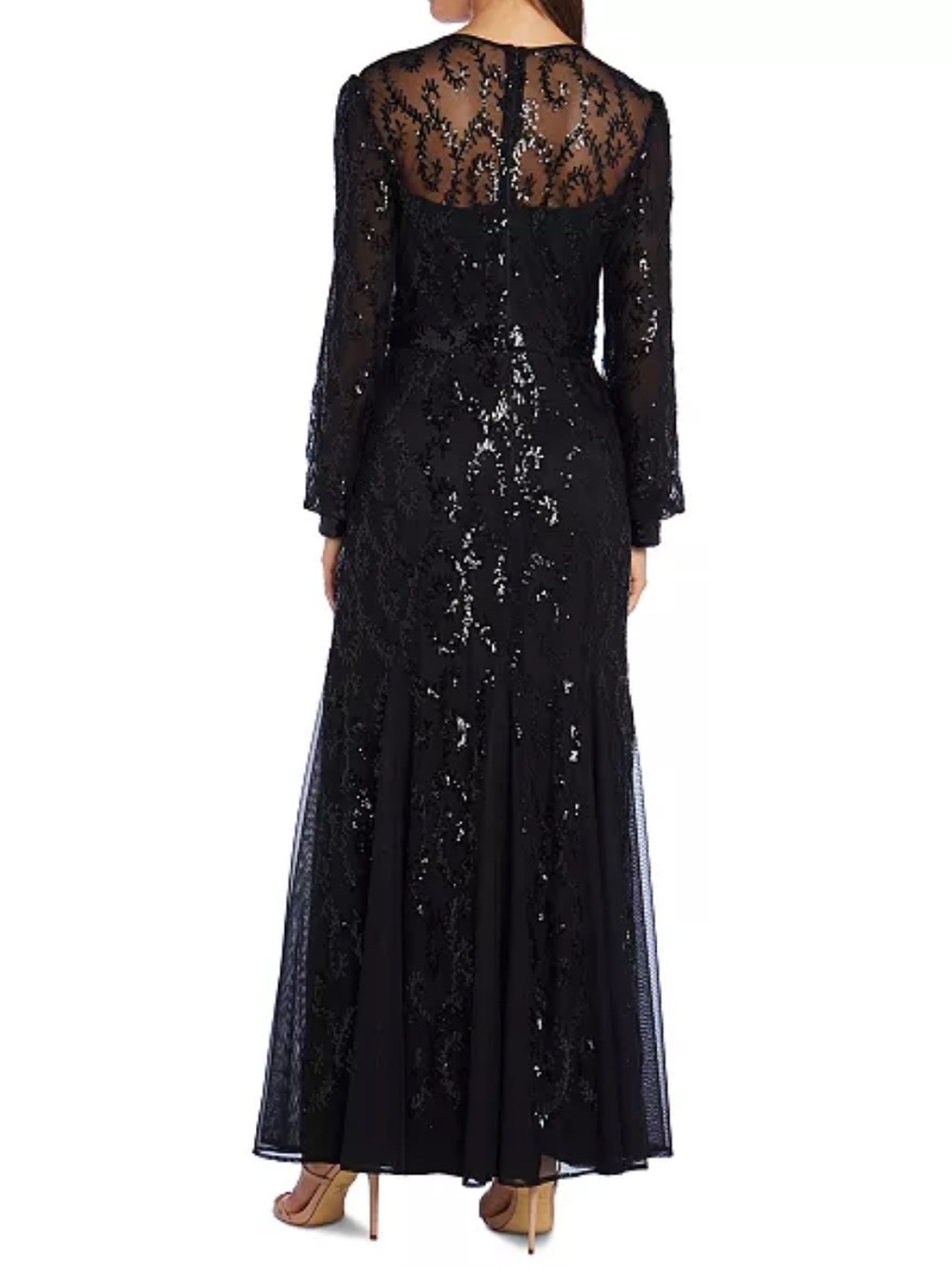 R&M Richards Black Sequin Long Sleeve V-Neck Evening Gown - Picture 2 of 13